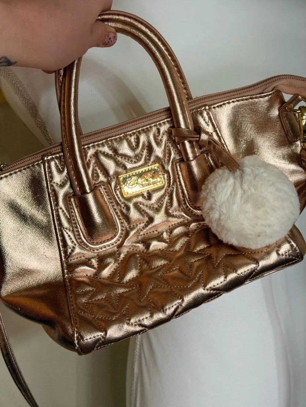 Betsey Johnson Metallic Rose Gold Quilted Star Satchel with‎ Pom